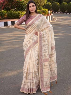 cream ethnic motifs printed pure cotton saree 5