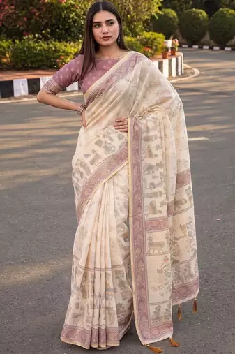 cream ethnic motifs printed pure cotton saree