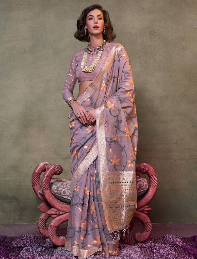 lavender ethnic motifs zari silk blend banarasi saree