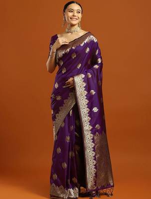 purple woven design embellished zari silk blend banarasi saree with blouse 1