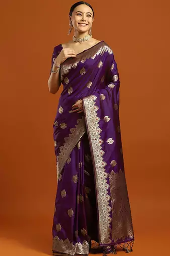 purple woven design embellished zari silk blend banarasi saree with blouse
