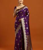 purple woven design embellished zari silk blend banarasi saree with blouse