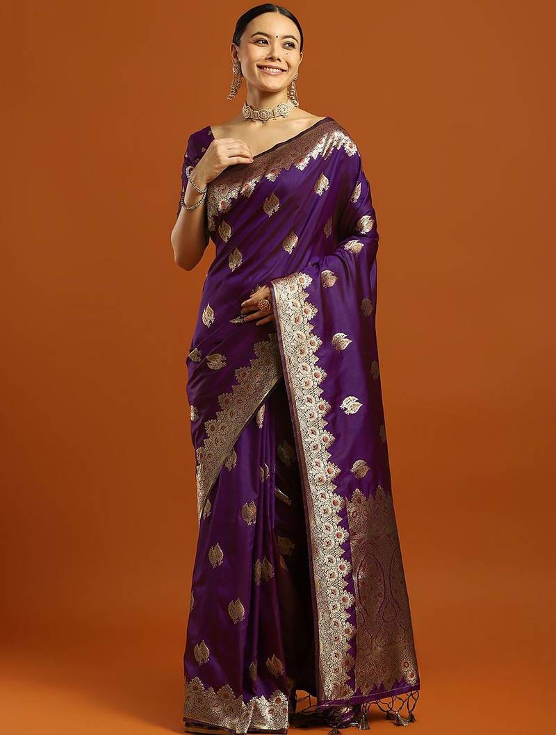 purple woven design embellished zari silk blend banarasi saree with blouse