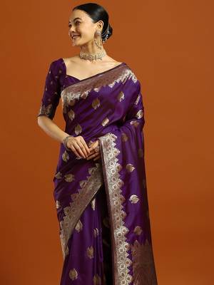 purple woven design embellished zari silk blend banarasi saree with blouse 2