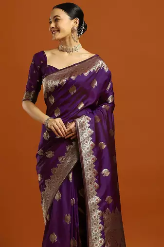 purple woven design embellished zari silk blend banarasi saree with blouse