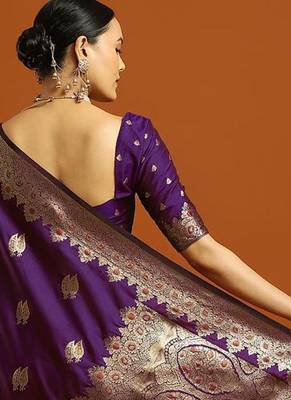 purple woven design embellished zari silk blend banarasi saree with blouse 3