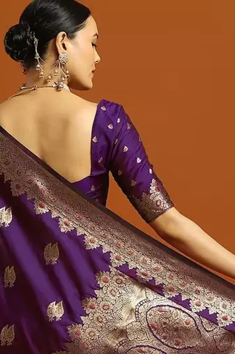 purple woven design embellished zari silk blend banarasi saree with blouse