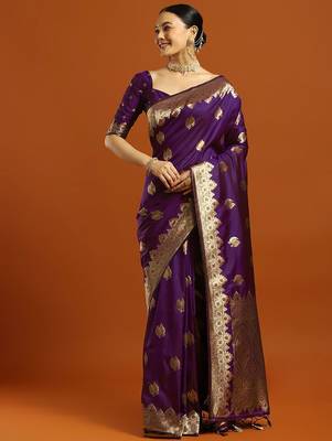 purple woven design embellished zari silk blend banarasi saree with blouse 4