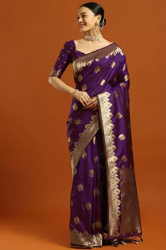 purple woven design embellished zari silk blend banarasi saree with blouse
