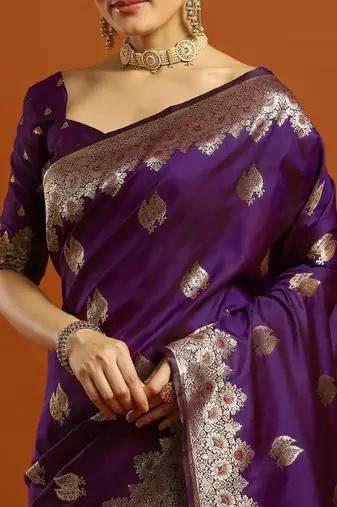 purple woven design embellished zari silk blend banarasi saree with blouse