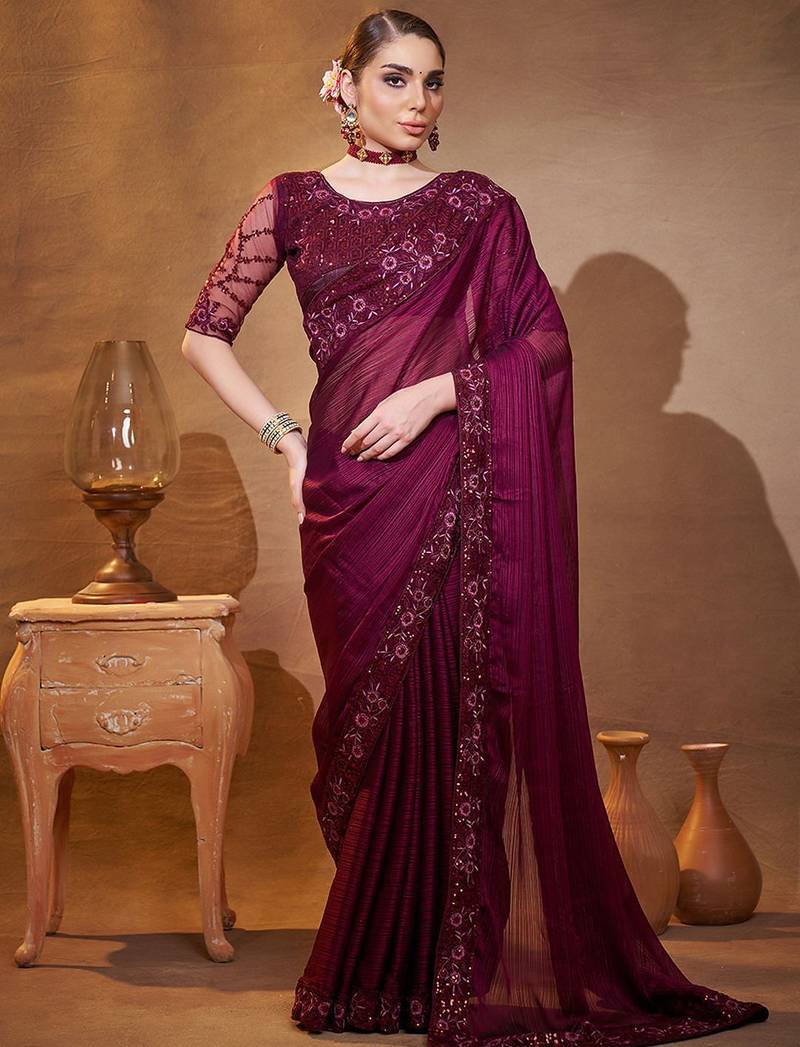 purple embroidered organza saree