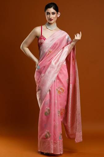 pink women floral woven design zari Cotton saree