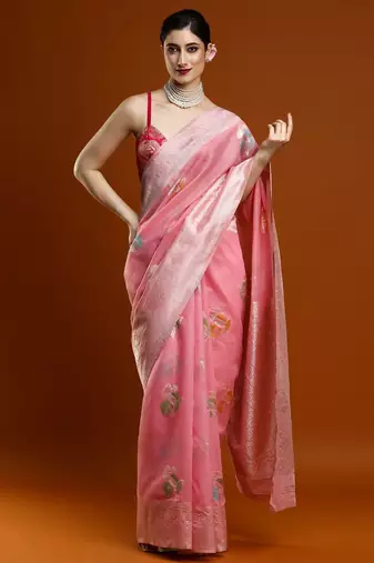 pink women floral woven design zari Cotton saree