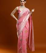 pink women floral woven design zari Cotton saree