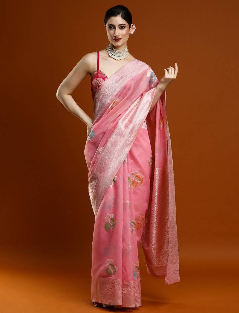 pink women floral woven design zari Cotton saree
