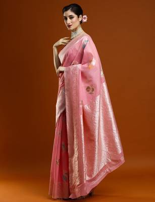 pink women floral woven design zari Cotton saree 2