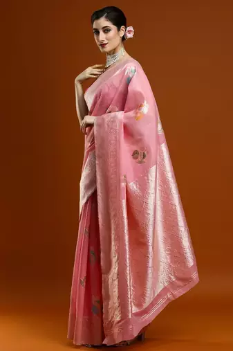 pink women floral woven design zari Cotton saree