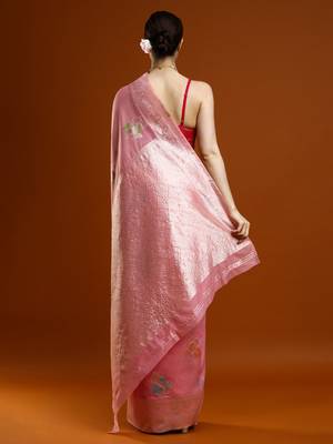 pink women floral woven design zari Cotton saree 3