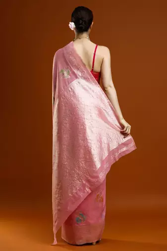 pink women floral woven design zari Cotton saree