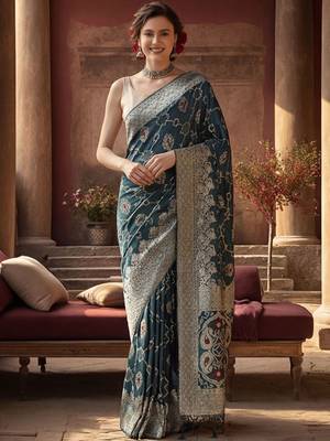 teal woven design zari silk blend designer banarasi saree 1