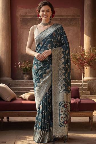 teal woven design zari silk blend designer banarasi saree