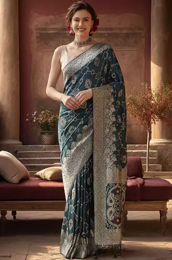 teal woven design zari silk blend designer banarasi saree