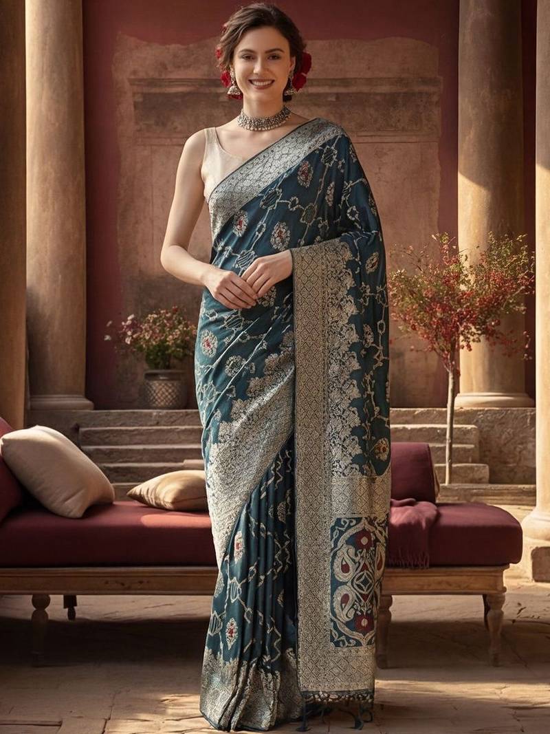 teal woven design zari silk blend designer banarasi saree