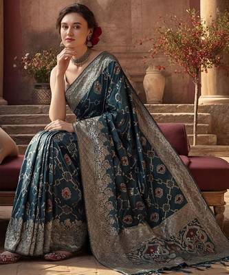 teal woven design zari silk blend designer banarasi saree 2