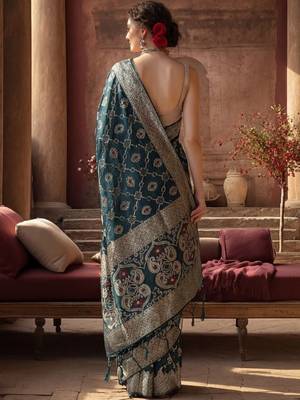 teal woven design zari silk blend designer banarasi saree 3