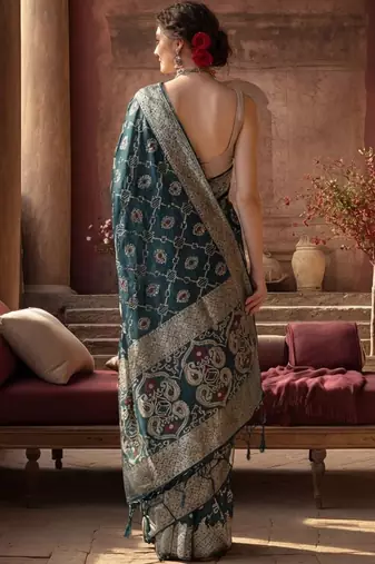 teal woven design zari silk blend designer banarasi saree