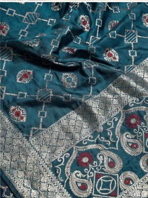 teal woven design zari silk blend designer banarasi saree 4