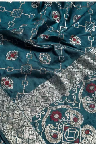 teal woven design zari silk blend designer banarasi saree