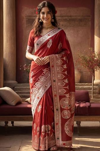 maroon woven design zari silk blend designer banarasi saree