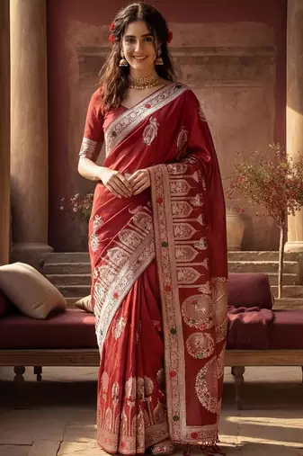 maroon woven design zari silk blend designer banarasi saree
