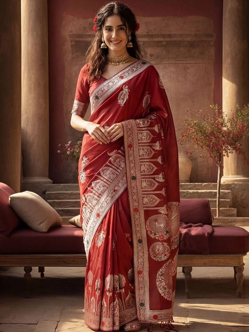 maroon woven design zari silk blend designer banarasi saree