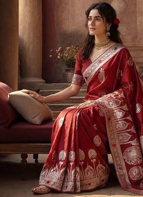 maroon woven design zari silk blend designer banarasi saree 2