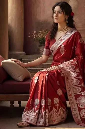 maroon woven design zari silk blend designer banarasi saree