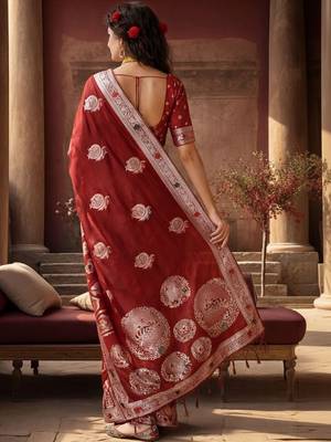 maroon woven design zari silk blend designer banarasi saree 3