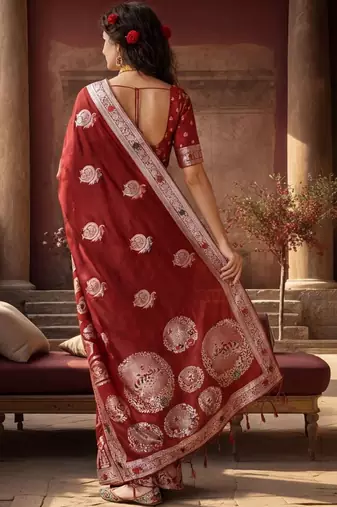 maroon woven design zari silk blend designer banarasi saree