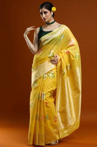 yellow ethnic motifs woven design zari cotton saree
