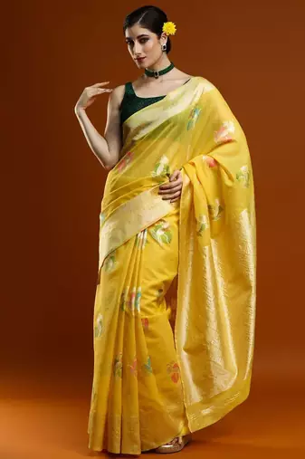 yellow ethnic motifs woven design zari cotton saree