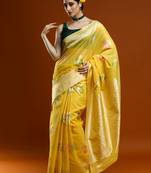 yellow ethnic motifs woven design zari cotton saree