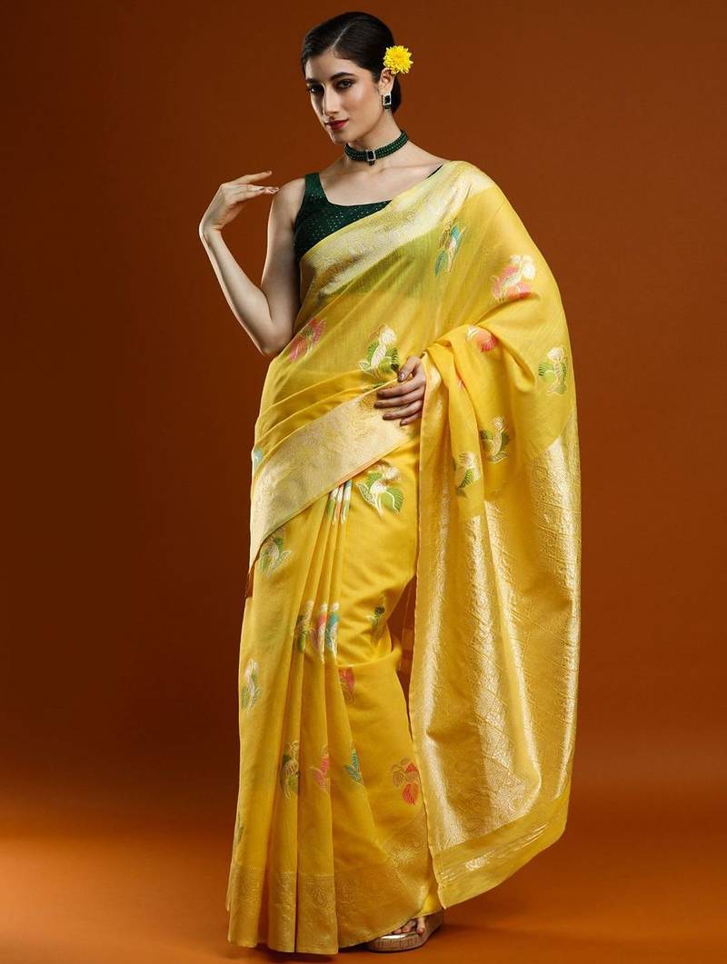 yellow ethnic motifs woven design zari cotton saree