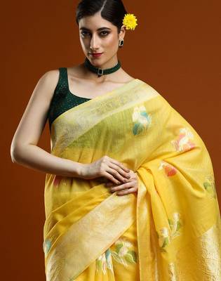 yellow ethnic motifs woven design zari cotton saree 2