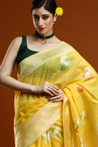 yellow ethnic motifs woven design zari cotton saree