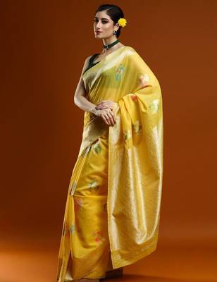 yellow ethnic motifs woven design zari cotton saree 3