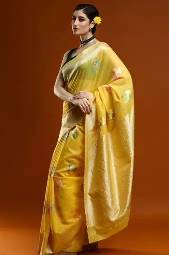 yellow ethnic motifs woven design zari cotton saree