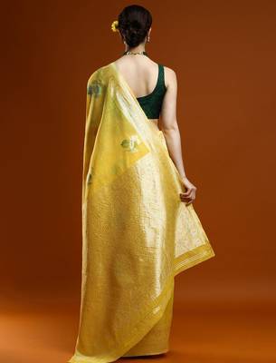 yellow ethnic motifs woven design zari cotton saree 4