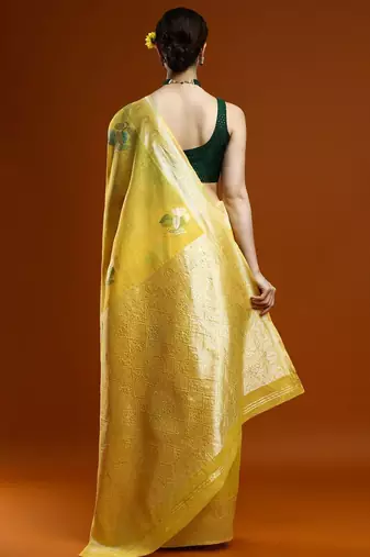 yellow ethnic motifs woven design zari cotton saree
