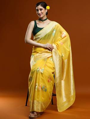 yellow ethnic motifs woven design zari cotton saree 5